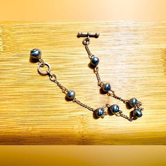 Elegant Blue Gray Metallic Beaded Bracelet Fashion Costume Jewelry Faux Pearl - Picture 1 of 2